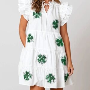 NEW PEACH LOVE CALIFORNIA st. patricks sequin clovers tiered dress in white/gree